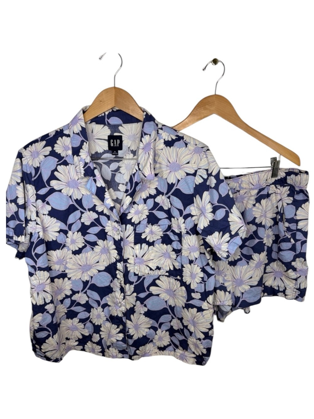 Gap Blue Purple Floral 2 Piece Button Up Shorts PJ Set Women Size XL
